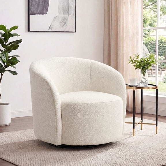 34" W Mid Century Modern Swivel Barrel Chair, Round Upholstered Boucle Swivel Accent Chairs, No Assembly Sofa Chair for Living Room Bedroom Reading Apartment Lounge Nursery(Cream)