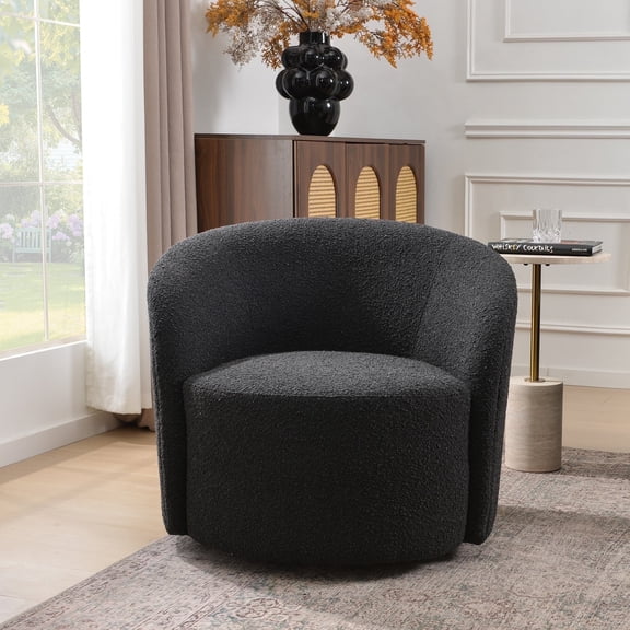 34" W Mid Century Modern Swivel Barrel Chair, Round Upholstered Boucle Swivel Accent Chairs, No Assembly Sofa Chair for Living Room Bedroom Reading Apartment Lounge Nursery(Charcoal)