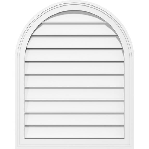 34"W x 26"H Round Top Surface Mount PVC Gable Vent: Functional, w/ 2"W x 1-1/2"P Brickmould Frame