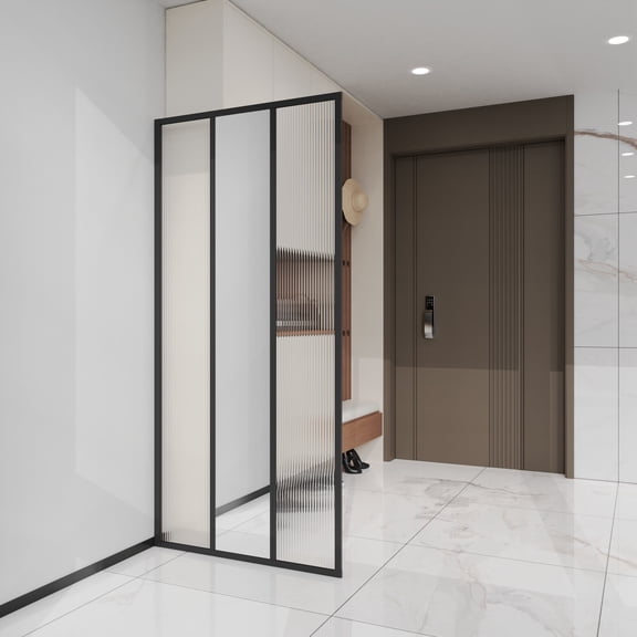 34"W x 72"H Fixed Shower Door, 3-Panel Mirror & Fluted Glass, 1/5" Glass,Entryway/Bedroom Privacy Screen, Matte Black