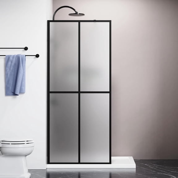 34"W x 72"H Frosted Glass Shower Screen Door, 0.2"(5mm) Glass, Black, Adjustable Support