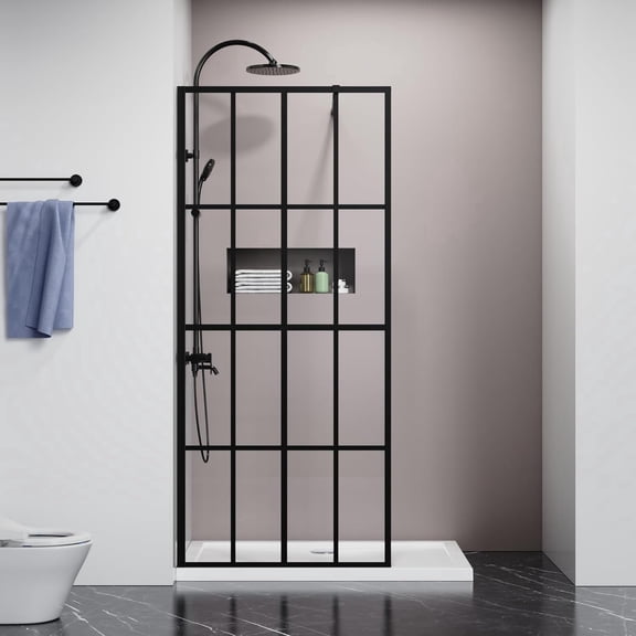 34"W x 72"H Walk-in Shower Screen Door, 0.2"(5mm) Glass, Black, Adjustable Support