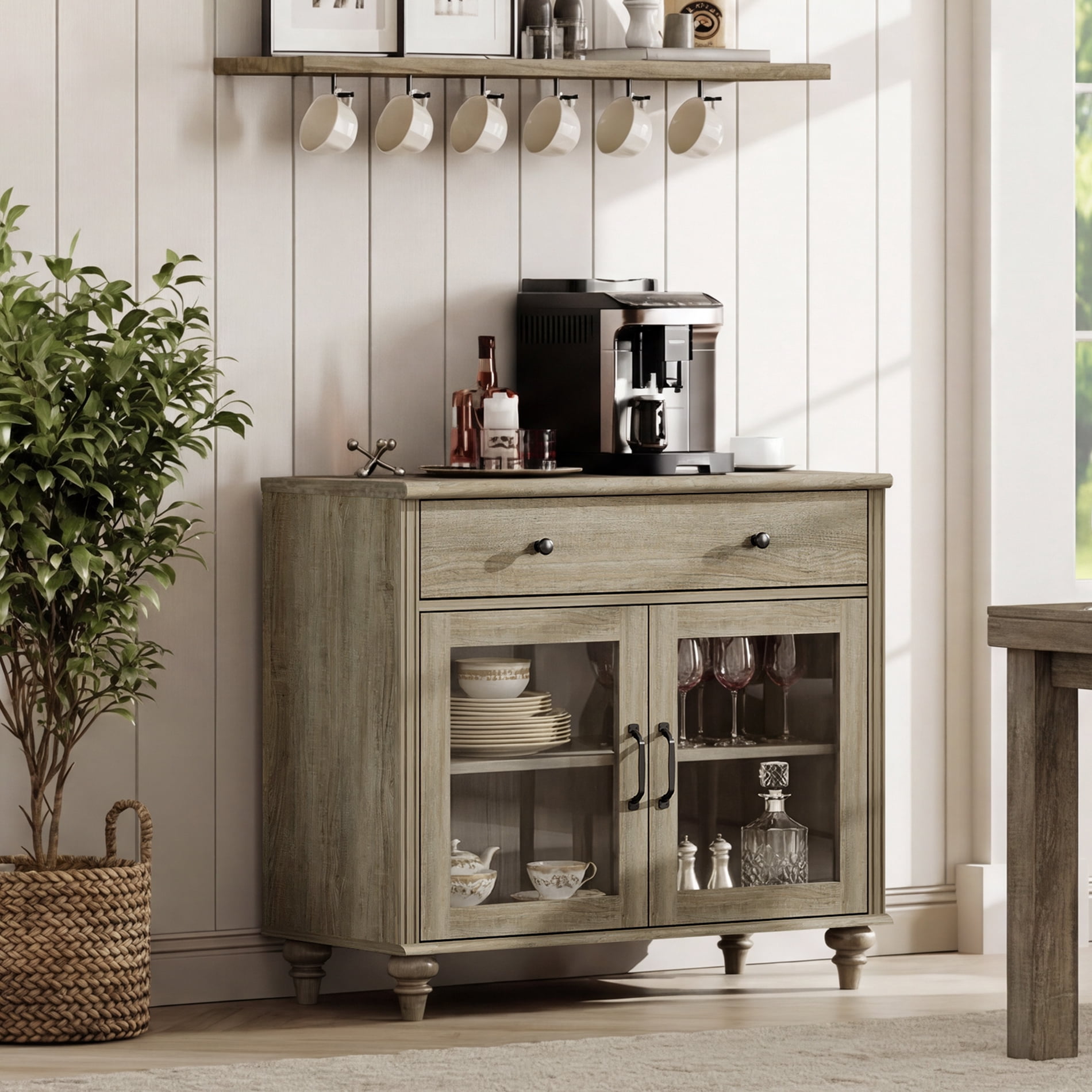 34" Wash Gray Glass Door Buffet Cabinet with Drawer, Farmhouse Sideboard with Storage