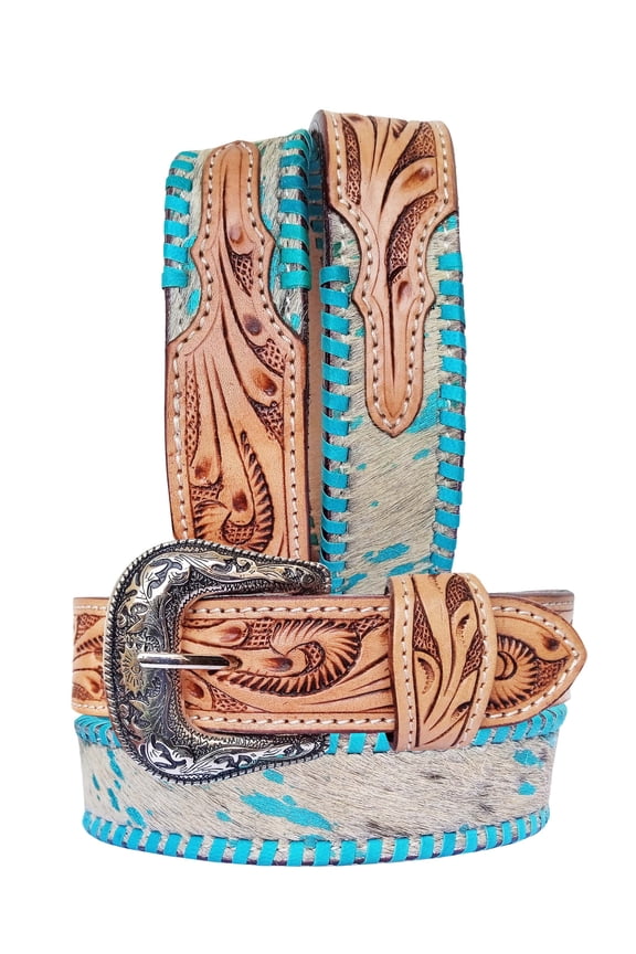 34 Western 1-1/2" Floral Turquoise Laced Cowhide Full-Grain Leather Belt 26RT66TR