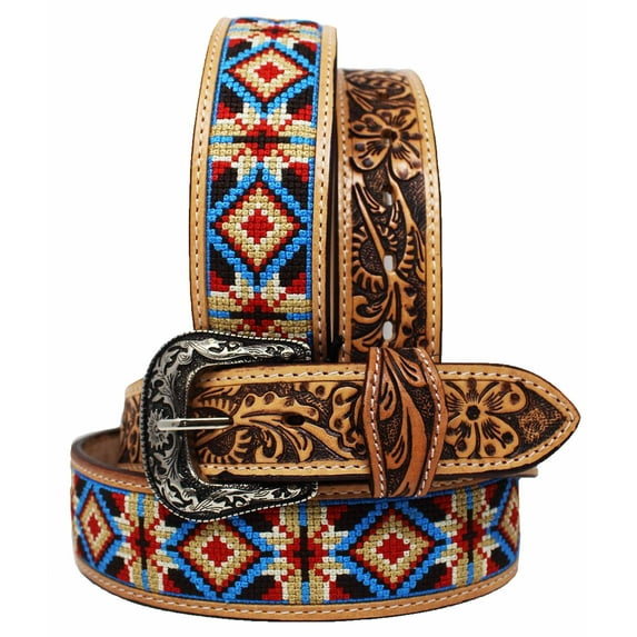 34" Western 2" Tapered Embroidered Floral Tooled Leather Belt 26RT87