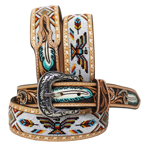 34" Western 2" Tapered Feather Tooled Thunderbird Beaded Leather Belt 26RT63T2