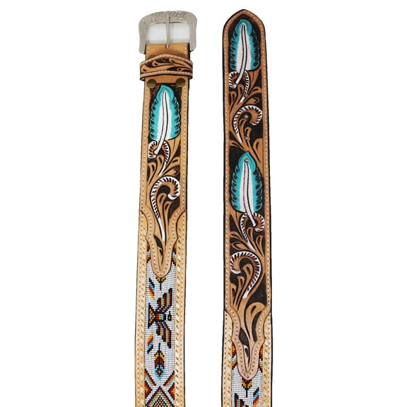 34  Western 2" Wide Feather Tooled Beaded Full-Grain Leather Belt 26RT63U2