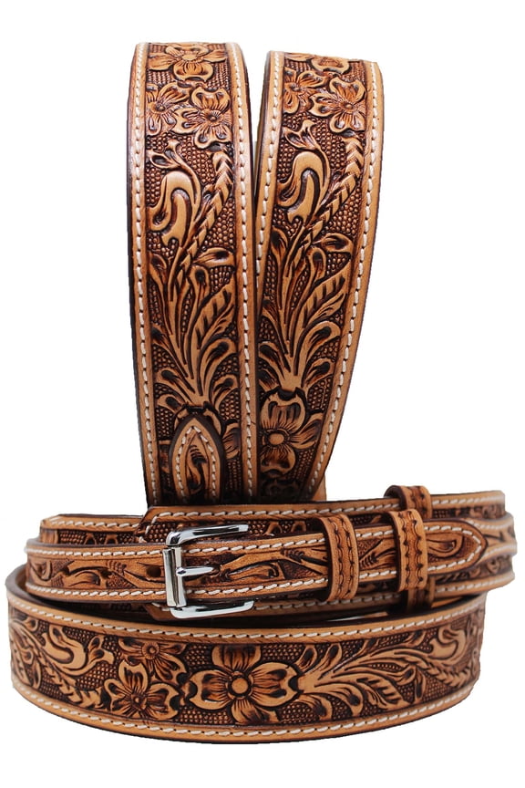 34 Western Floral Tooled Ranger Full-Grain Brown Leather Belt 26RS05R
