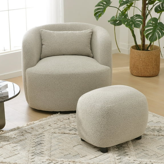 34" Wide Boucle Swivel Barrel Chair with 23" Ottoman Set, Fully Assembled Set of Sherpa Accent Chair and Footrest, Modern Comfy Armchair and Footstool for Living Room and Bedroom, Taupe