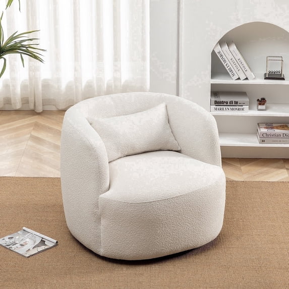 34" Wide Beige Bouclé Swivel Barrel Accent Chair with Pillow, Modern Upholstered Armchair
