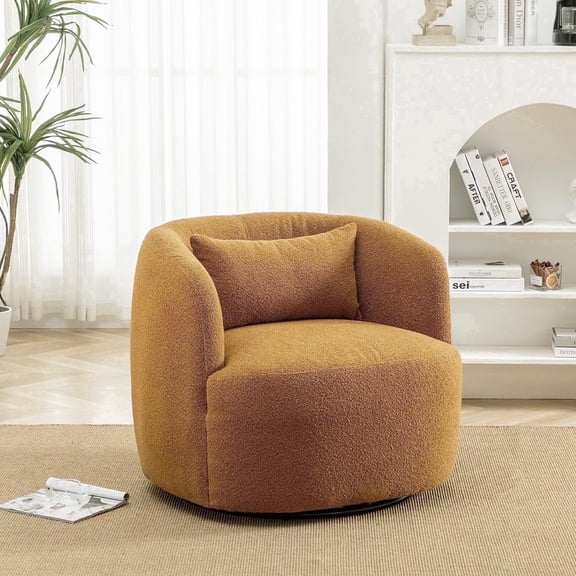 34" Wide Brown Bouclé Swivel Barrel Accent Chair with Pillow, Modern Upholstered Armchair