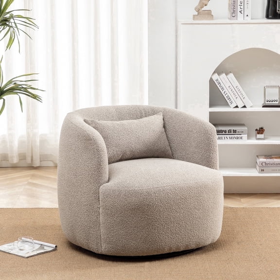 34" Wide Taupe Bouclé Swivel Barrel Accent Chair with Pillow, Modern Upholstered Armchair