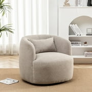 34" Wide Boucle Swivel Barrel Chair, No Assembly Round Upholstered Armchair Accent Chair Single Sofa Chair with Toss Pillow for Living Room and Bedroom, Taupe