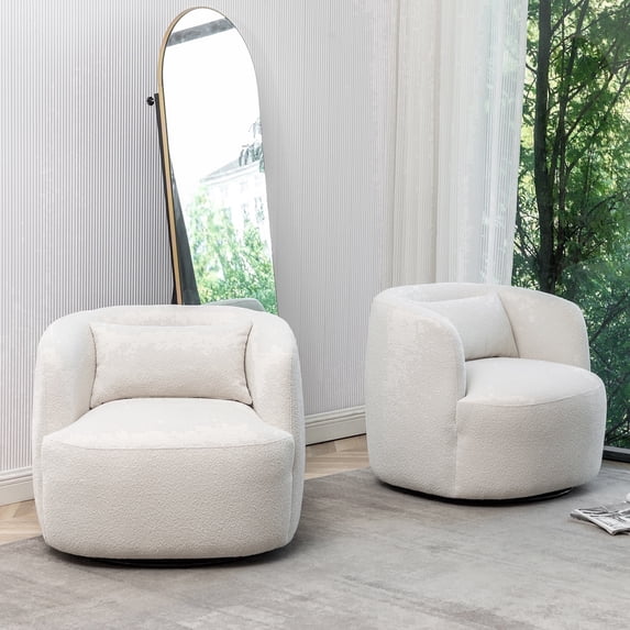 34" Wide Beige Bouclé Swivel Barrel Accent Chairs, Set of 2 with Pillow, Modern Upholstered