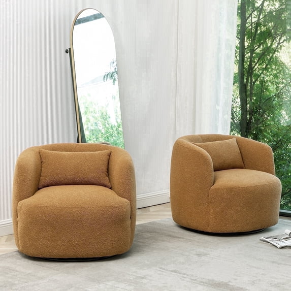 34" Wide Brown Bouclé Swivel Barrel Accent Chairs, Set of 2 with Pillow, Modern Upholstered
