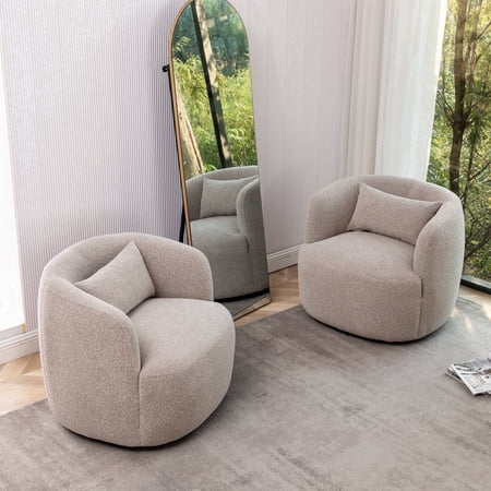 34" Wide Taupe Bouclé Swivel Barrel Accent Chairs, Set of 2 with Pillow, Modern Upholstered