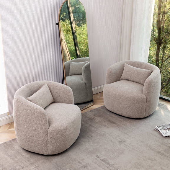 34" Wide Taupe Bouclé Swivel Barrel Accent Chairs, Set of 2 with Pillow, Modern Upholstered