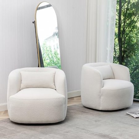 34" Wide Sherpa Swivel Barrel Chair, No Assembly Round Boucle Upholstered Accent Chair Armchair Single Sofa Chair with Toss Pillow for Living Room and Bedroom, Beige