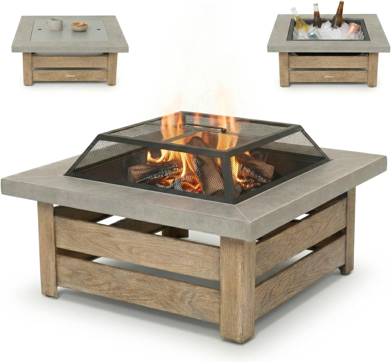 34" Wood Burning Fire Pit, Outdoor Fire Pit Table for  Backyard Garden, Large Square Fire Pit for Outside, Metal Firepit with Removable Lid, Mesh Cover, Poker