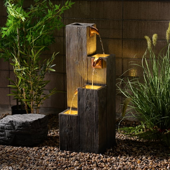 Hi-Line Gifts LED Lighted Cascading Wooden Textured Outdoor Garden Water Fountain - 33.75"