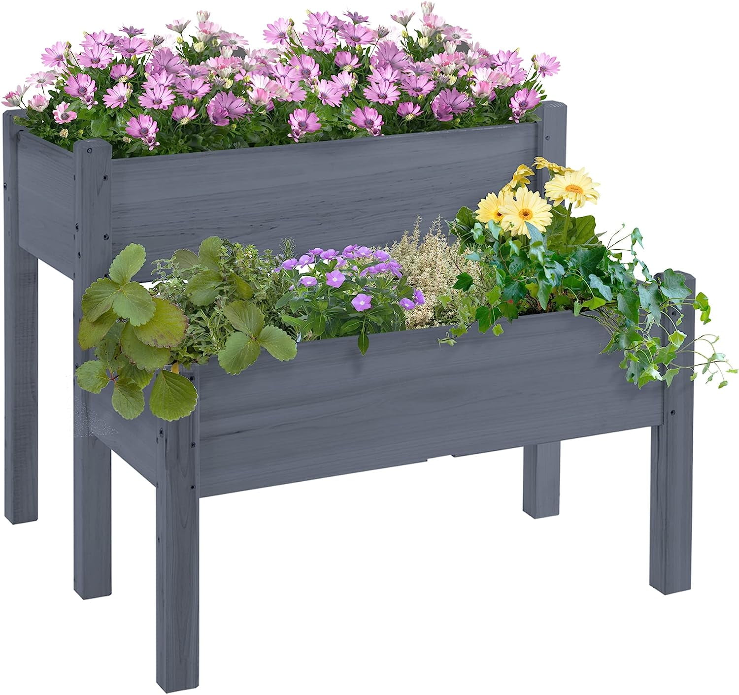 Ascend 34" Gray 2-Tier Wooden Raised Garden Bed for Outdoor Spaces