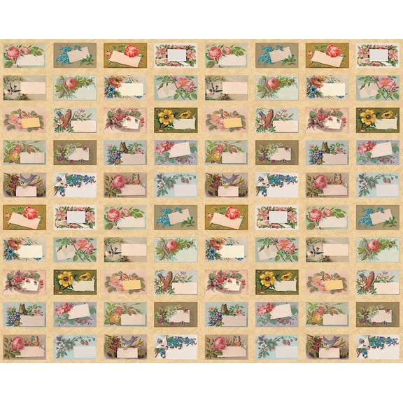 34" X 44" Panel Labels Flowers Birds Flea Market Mix Cotton Fabric Panel (7352-12D)