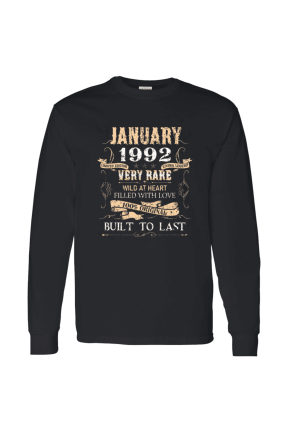 34 Years Old 34Th Birthday Legend Vintage January 1992 Bday Long Sleeve Shirt
