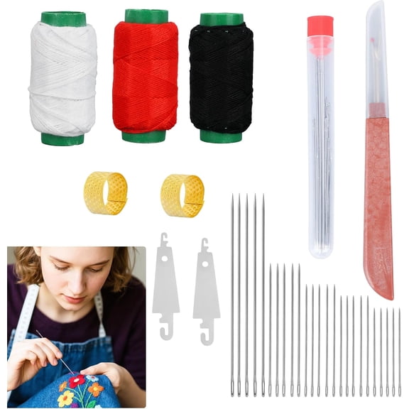 34 count Big Eye Sewing Kit, Includes Case Seam Ripper Threaders Thimble & Thread Stainless Hand Sewing Supplies for Beginners & Professionals