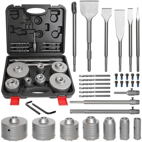 34 count Concrete Hole  Kit, Masonry Concrete Drill Bit Set, Chisel Set with SDS  &  Shanks Wall Hole  Drill Bit for Brick Stone Cement Wall, Kit Size 30 40 50 65 80 100 110MM
