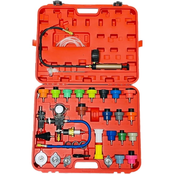 34 count Radiator Pump Tester and Coolant Vacuum Refill Tool Kit for Automotive Cooling System Water Leakage Detection and Pneumatic Purge Filling