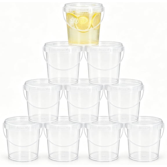 34 fl oz / 1 qt Clear Grade Plastic Buckets with & Handles, Airtight Freezer Safe Small Storage Containers, Easy-Open Pails for Snacks, Sauce, Salad, Soup, Candy (10 Pack)