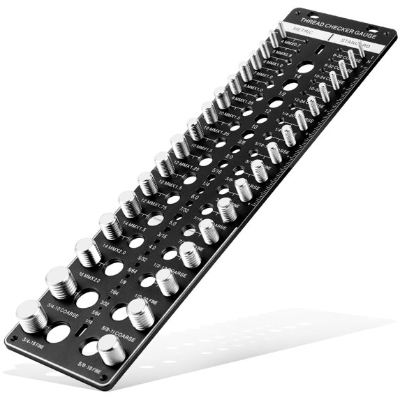 34 hole screw measuring gauge hole screw nut and bolt thread checker 17 standard and 17 metric sizes and 20 drill gauge, bolt and nut identifier gauge for easy size verification