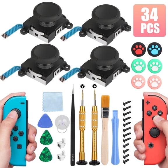 34-in-1 3D Analog Joystick Replacement Fit for Nintendo Switch/Lite/OLED Joy-Cons, 4pcs Left Right Analog Joystick Thumbstick Sensor w/ Screwdriver Repair Tool Kits, Switch DIY Accessories