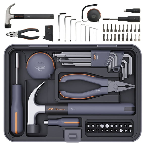 34-in-1 Household Basic portable Hand Repair Tool Set with Case, Screwdriver & Hex Key & Pliers & Hammer & Tape Measure & Pry Bar for Men Women