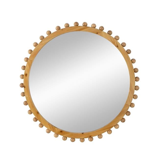 34 in. Round Natural Fir Wood Bathroom Vanity Mirror with Beaded Accents