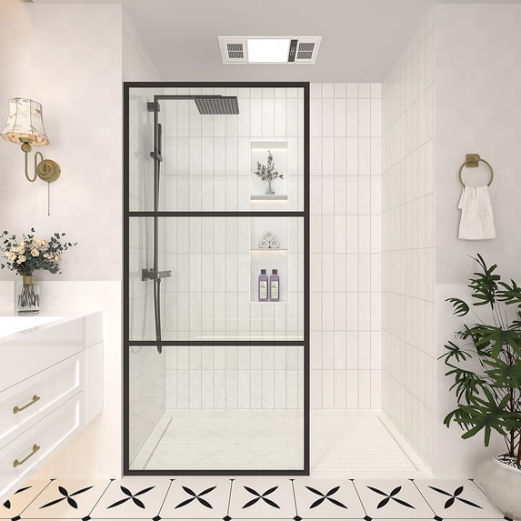 34 in. W x 72 in. H Fixed Framed Shower Door in Matte Black Finish with Patterned Glass