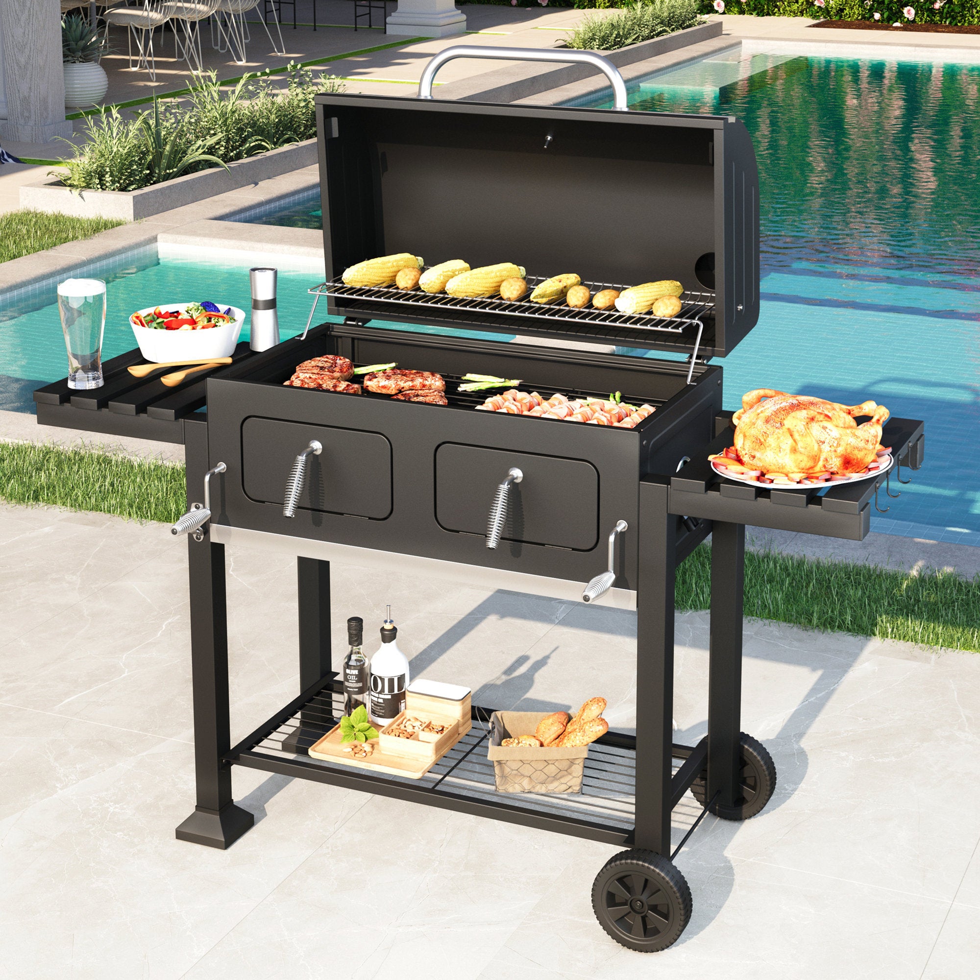 Outsunny 19 Steel Porcelain Portable Outdoor Charcoal Barbecue Grill With Wheels