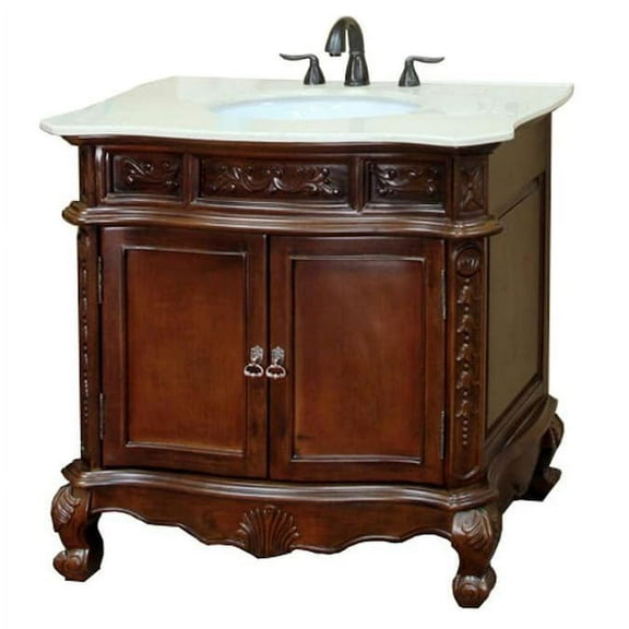 34-inch Medium Walnut Single Sink Bathroom Vanity with Cream Natural Marble Top - Color Brown - Bellaterra Home