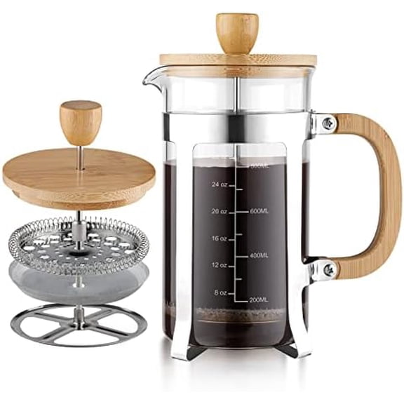 34 oz French Press Coffee/Tea Maker with Bamboo Lid and Hand Stainless Steel High Borosilicate Glass 1000ml Coffee Brewer Set