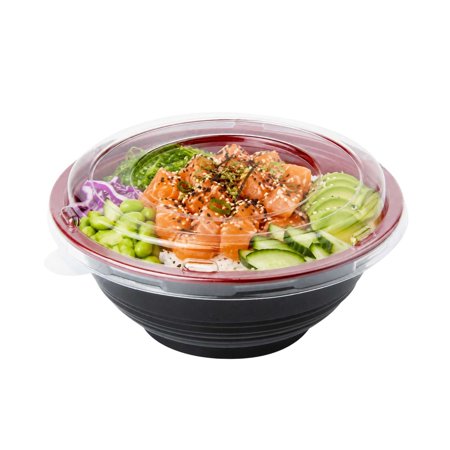 34 oz Round Black and Red Plastic Large Asian Panda Bowl - with Clear Lid, Microwavable - 7 1/4" x 7 1/4" x 2 3/4" - 200 Count Box