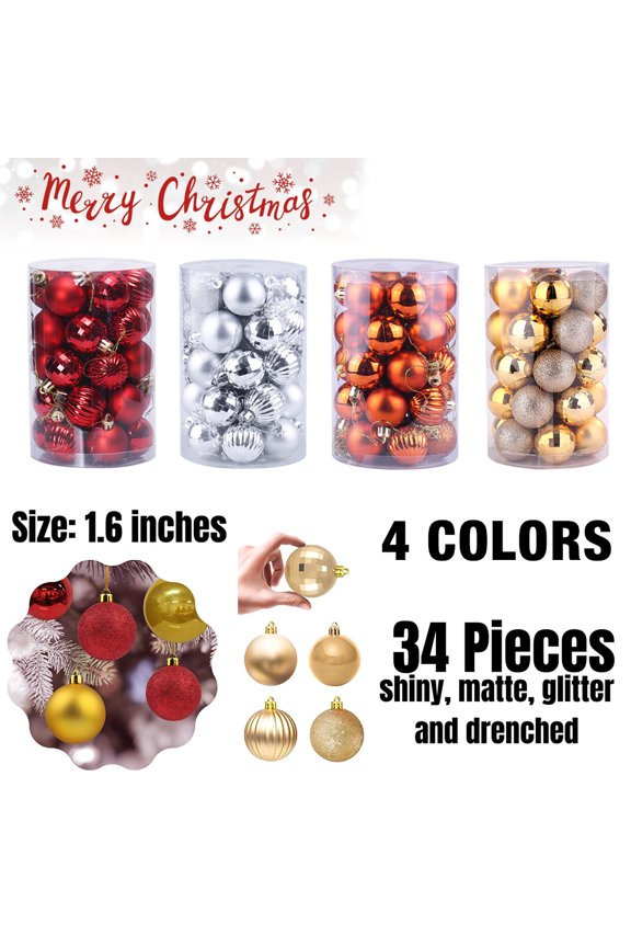 34 pcs Christmas Ball Mini Ornaments Party Decorations Shatterproof Festival Pendant Hangings