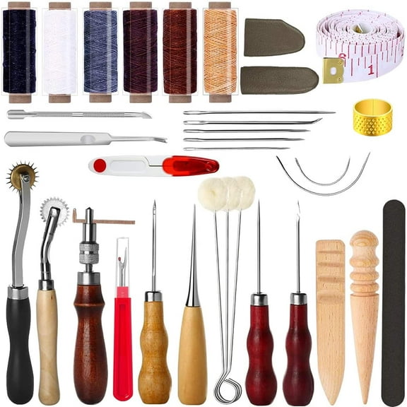 34 pcs Leather Craft Tool, Leather Sewing Kit DIY Leather Craft Tools Hand Stitching Tools Leather Craft Sewing Kit with Waxed Thread, Groover Awl for Eather Repair, Leather Working