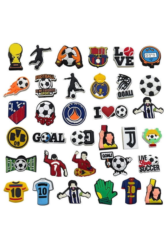 34 pcs Soccer Shoe Charms for Boys Men Teen, Soccer Themed Designs for Soccer Lovers