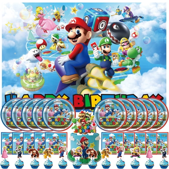 34 pcs For Super Bros Games Theme Birthday Party Supplies, With 5*3ft Birthday Backdrop Mario Decorations, 10 Plates, 10 Napkins, 13 Cupcake Toppers, All-in-One Party Supply Favor Set