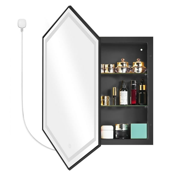 34"x 24" Bathroom LED Mirror Medicine Cabinet with Lights, Recessed or Wall Mounted Bathroom Vanity Mirror with 2 Adjustable Storage Shelves, Defogger, Dimmable, Memory Function,Black