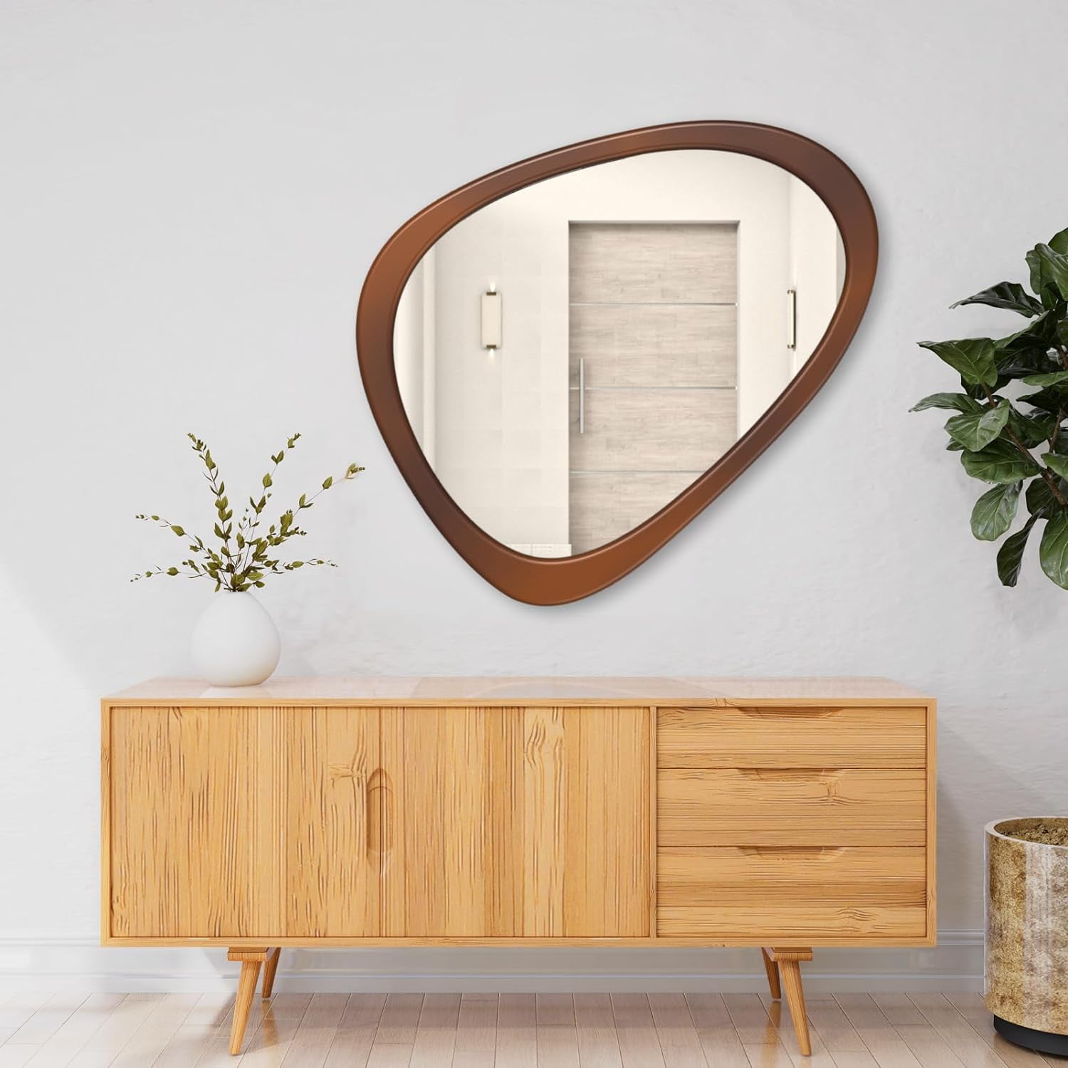 34"x 26" Irregular Mirror, Wood Wall Frame Mirror, Asymmetrical