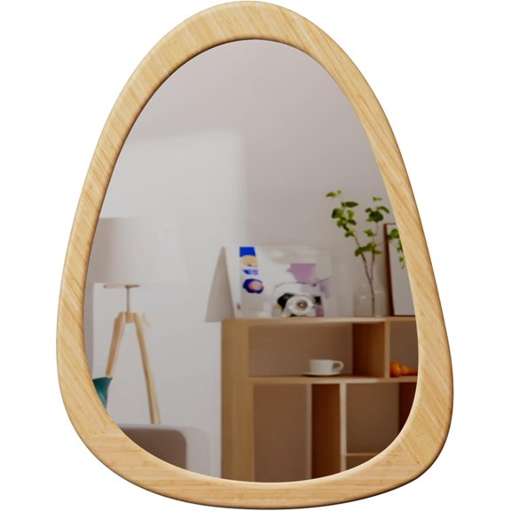 34" x 26" Irregular Wall Mirror, Natural Wooden Framed Asymmetrical Wall Mirror for Living Room Bedroom Bathroom Entryway, Modern Decorative Hanging Hook