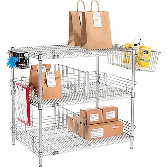 34 x 30 x 21 in. Nexelate Silver Epoxy To Go Rack with 3 Wire Shelves, Dividers & Ledges