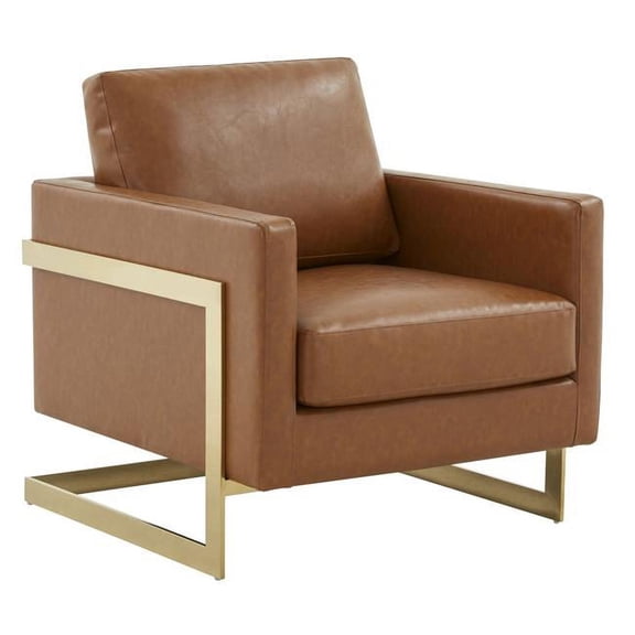 34 x 31.5 x 34 in. Lincoln Modern Upholstered Leather Accent Armchair with Frame, Cognac Tan & Gold