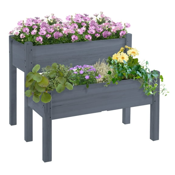 34"x34"x28" Raised Garden Bed, 2-Tier Elevated Wood Planter Box for Backyard, Patio to Grow Vegetables, , and Flowers, Gray